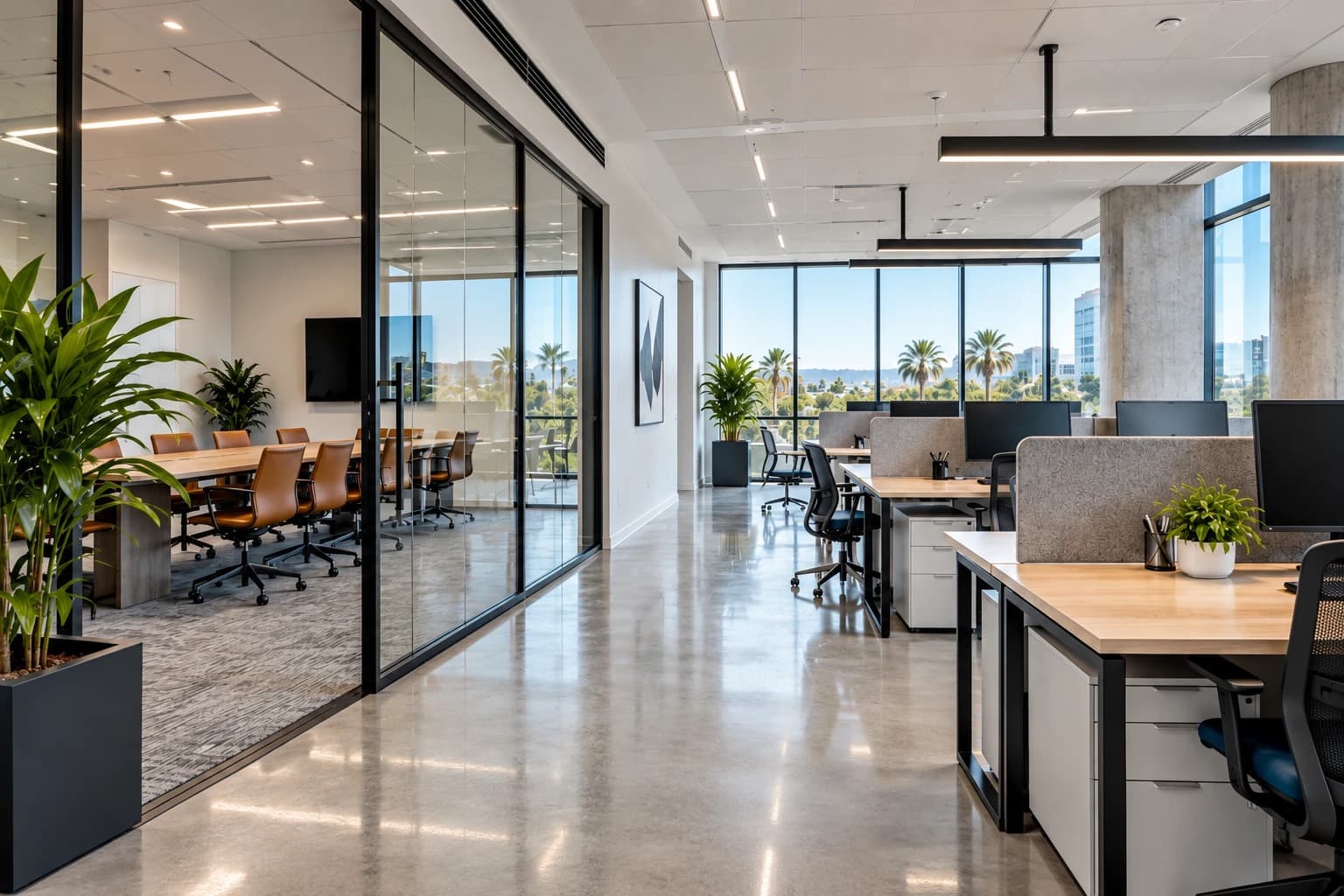 Spotless modern office with polished concrete floors, open workstations, and a glass-walled conference room