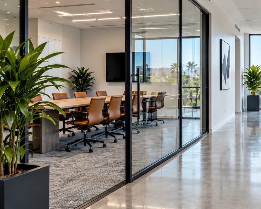 Glass-walled conference room beside a spotless polished office floor with natural light